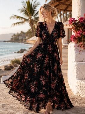 Vintage Ralph Lauren Floral Wrap Maxi Black Dress M Beach Prairie WhimsyGoth Y2K